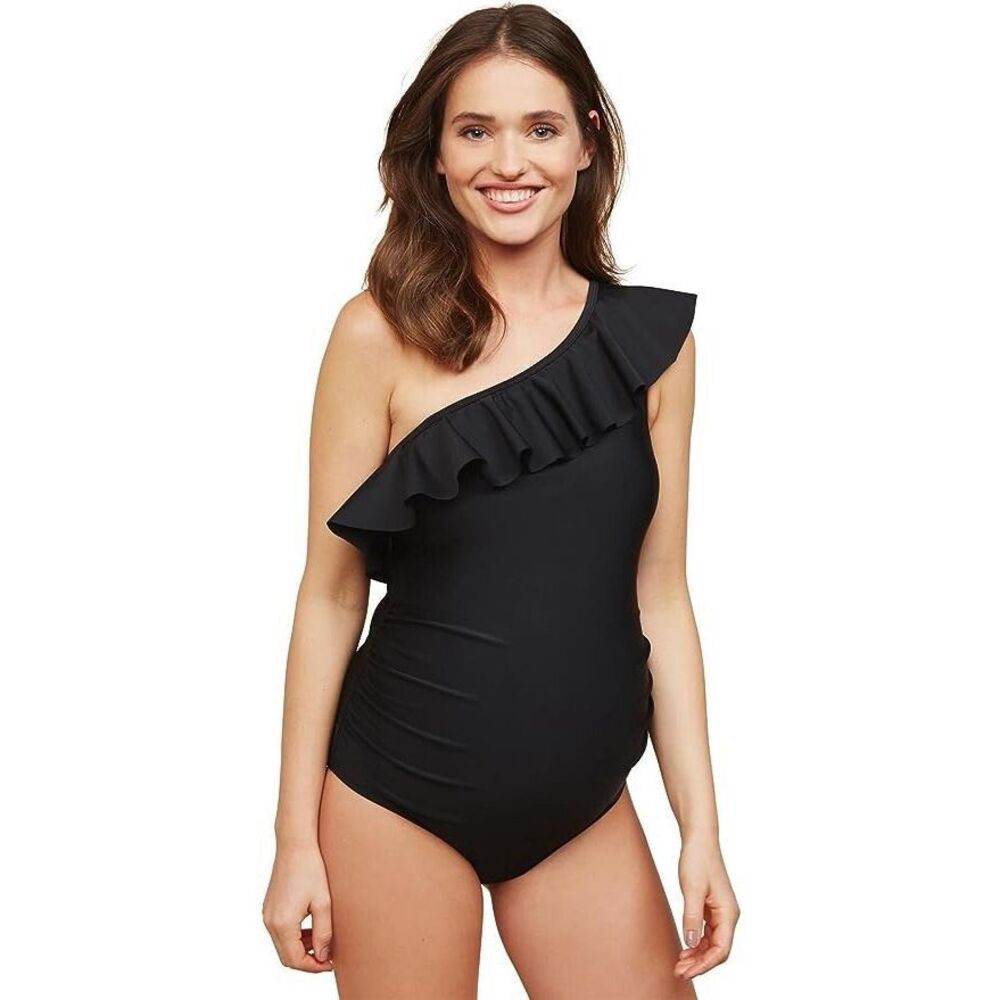 Beach Bump Ruffle Front one Shoulder UPF 50+ Swimsuit Motherhood Maternity Sz M